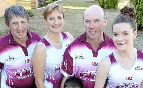 (Back, from left) Peter Grayson, Tanya Wright, Grant Lollback, Jessica Carey and (front) Mitchell Lollback will play touch rugby for Australia. (Back, from left) Peter Grayson, Tanya Wright, Grant Lollback, Jessica Carey and (front) Mitchell Lollback will play touch rugby for Australia.